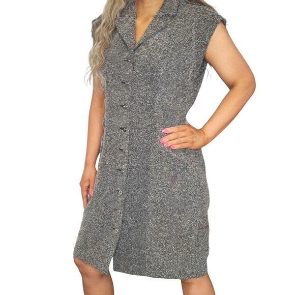 Gray Button Front Dress Womens 12 Collared Ruched Cap Sleeve Shift Knee Length - Picture 4 of 16